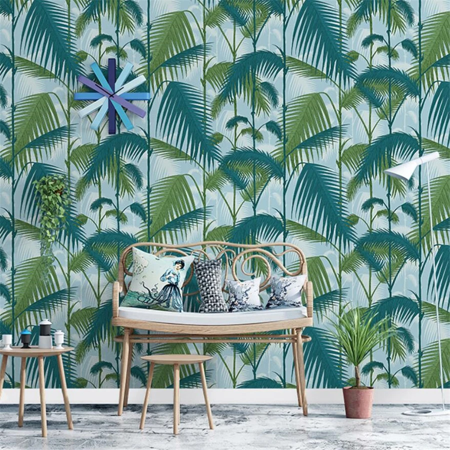 Nordic style palm leaf wallpaper background wall American pastoral green plant wallpaper environmentally friendly non-woven Обои