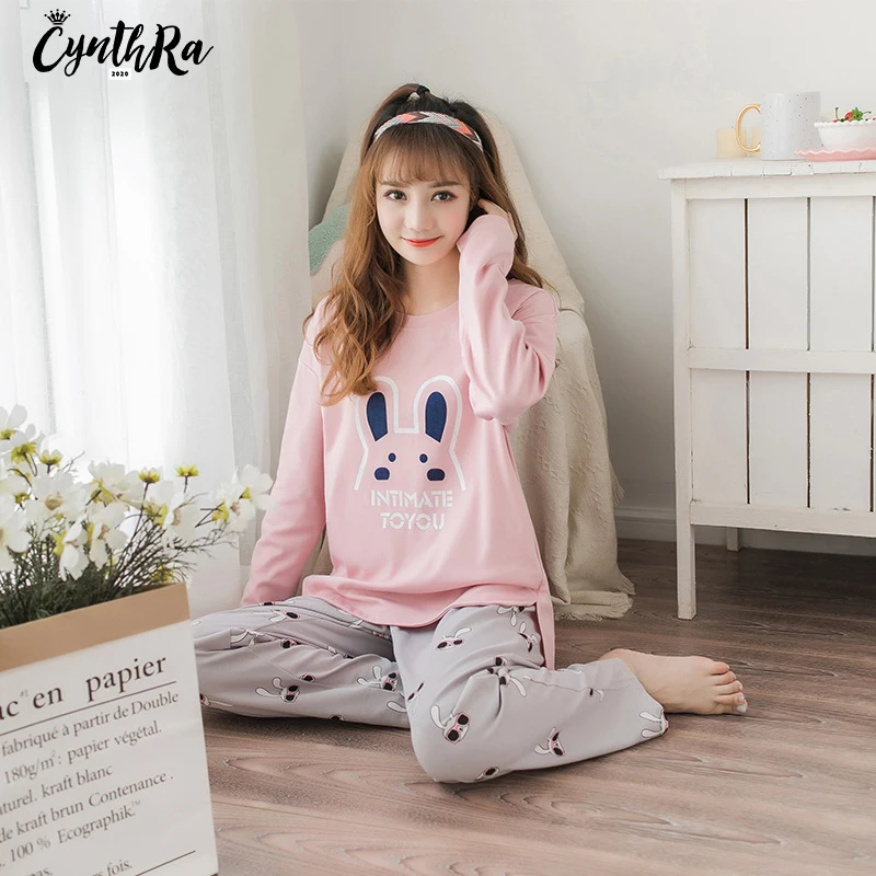 

CYNTHRA Sleepwear Women's Cotton Long-sleeved Home Wear Autumn Winter Keep Warm Daily Cute Kawaii Comfort Ladies Pajamas Set