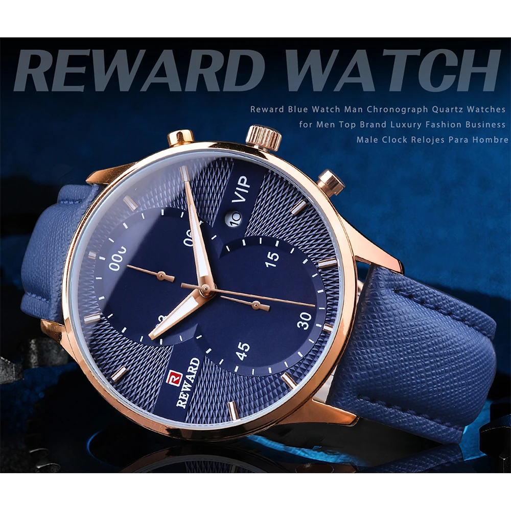 Quartz Watch for Men Top Brand Luxury REWARD VIP Blue Dial Men\'s Wristwatch Clock Business Waterproof Chronograph Leather Watch