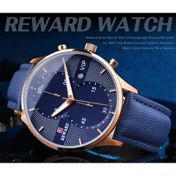 Quartz Watch for Men Top Brand Luxury REWARD VIP Blue Dial Men's Wristwatch Clock Business Waterproof Chronograph Leather Watch