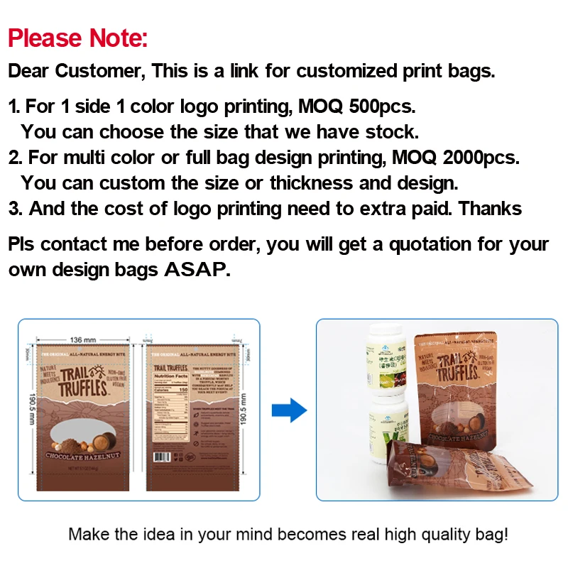 Customized Zip Lock Plastic Bags Logo Design Printing 1 Side 1 Color MOQ 500pcs Aluminum Foil Mylar Zip Lock Package Bags