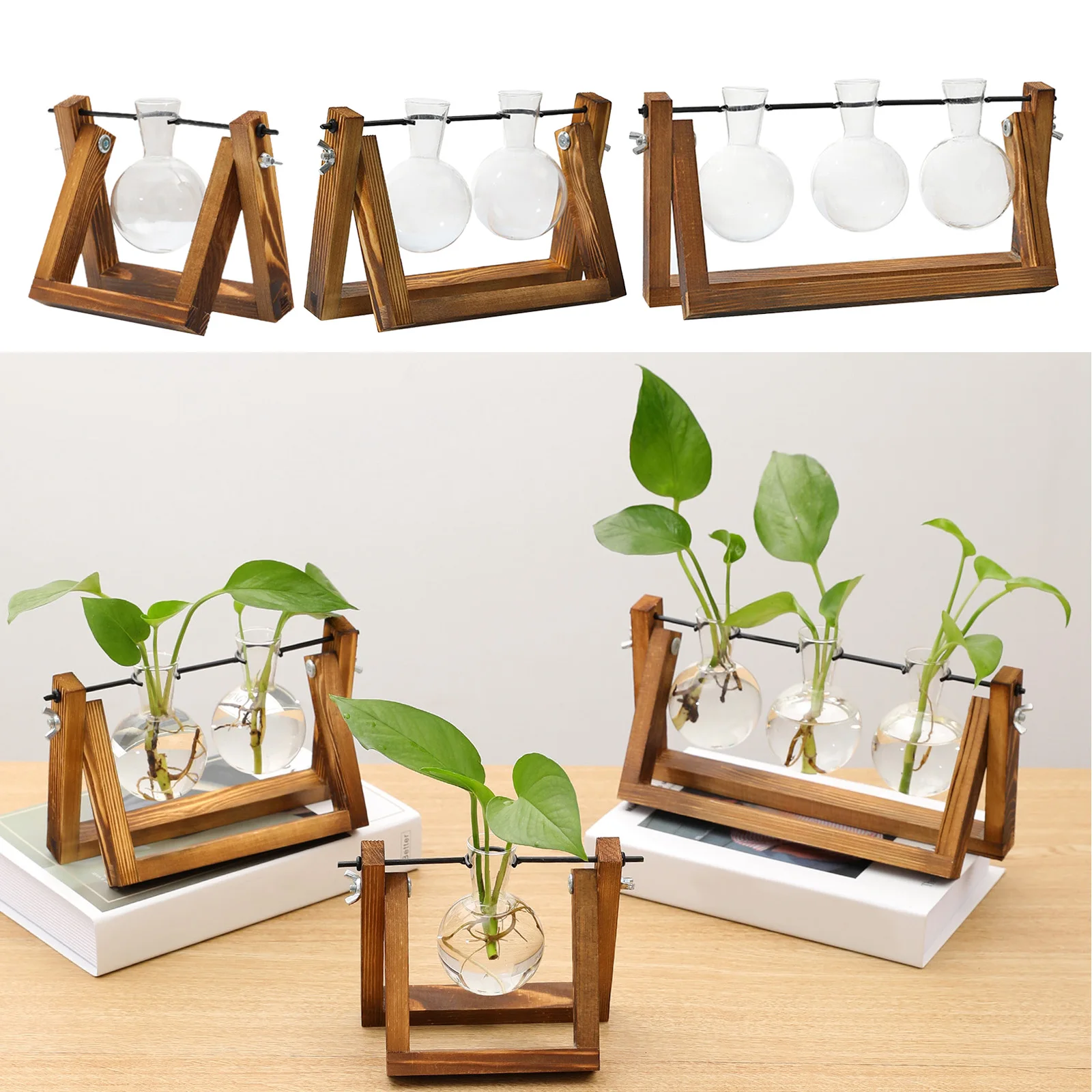 

Vintage Propagation Station Glass Hydroponic Air Planter Bulb Terrarium Vase with Wooden Home Garden Office Decoration