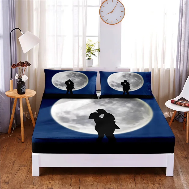 Moon Sky-sábana ajustable de poliéster con estampado Digital, cubierta de colchón de cuatro esquinas con banda elástica, fundas de almohada, 3 uds.