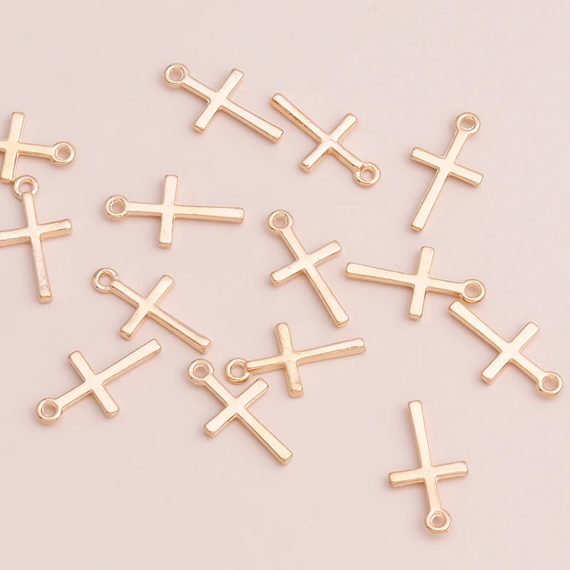 Leslie 80 sztuk małe aluminiowe wisiorki krzyżowe biżuteria na ręcznie robione naszyjniki bransoletki złoty kolor 17x10mm DIY Making Finding