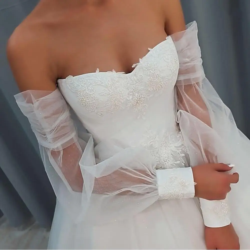 Vestido de novia sin hombros, manga farol, cuello barco largo, línea A, Apliques de encaje, princesa blanca 2021, vestidos de novia con espalda baja de Organza