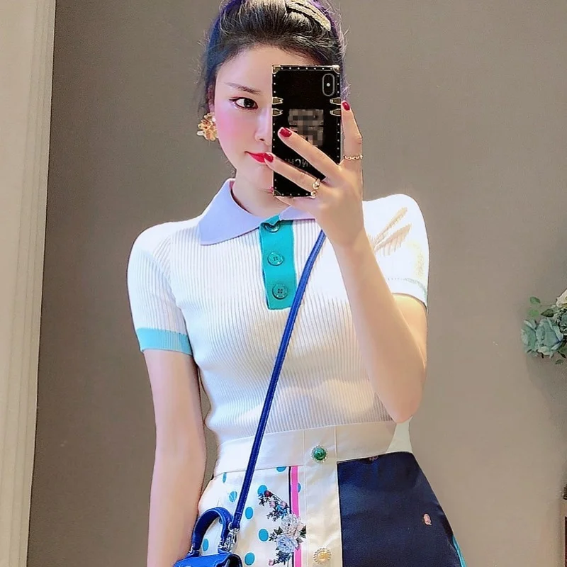 Mixed Colors All Match Fashion T-Shirt Women Short Sleeve Casual Korean Slim Fit Tees 2022 Summer Ropa Mujer Lapel Collar Top