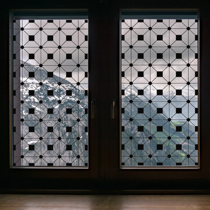 Stained Glass Window Film Transparent Glass Sticker Static Cling Iron Style Black Line Office Door Anticollision Home Decor
