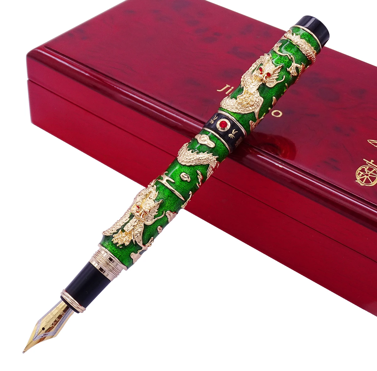 Jinhao-pluma estilográfica de dragón doble Cloisonne verde de lujo, pluma de iridio M Nib avanzada para escritura artesanal, regalo para graduación de negocios