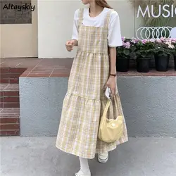 Dresses Women Lovely Preppy Style Square Collar Fashion High Street Summer All-match Plaid Chic Female Party Wear Ulzzang Daily