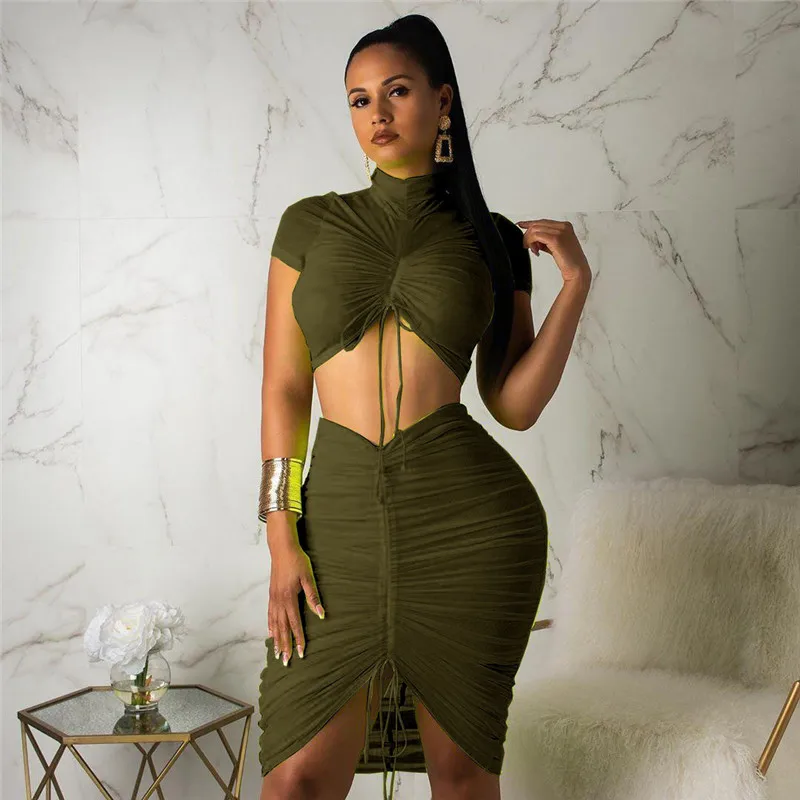 Neon Drawstring Bandage Two Piece Skirt Sets Women Turtleneck Ruched Crop Top + Mini Skirt Sexy Night Club Party 2 Piece Outfits