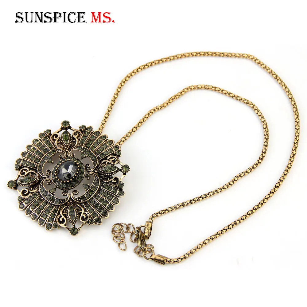 Sunspicems Vintage Turkish Pendant Necklace for Women Retro Gold Color Gray Rhinestone Jewelry