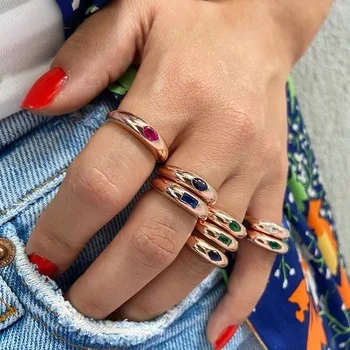 2025 New Arrival Fashion White Red Green Blue Colorful Geometry Cz Band Ring For Women Open Adjusted Rainbow Wedding Jewelry