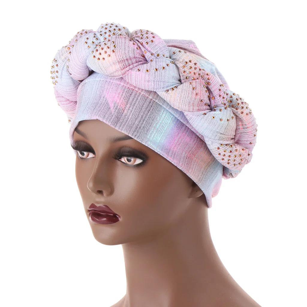 

High Quality Fashion Exaggeration Attract Attention Hot Drill Thick Braid Sponge Twist Braid Headband Hat India Cap Women Turban