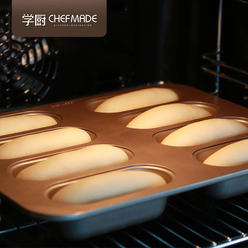 CHEFMADE Golden 8-cup Non-stick Hot Dog Mold Baking Tray Oval Long Loaf French Bread Mold Household Oven Baking Mold kitchen