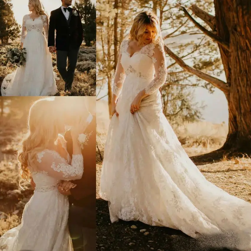 Vestido de novia de manga larga estilo bohemio, ropa de novia de talla grande, con apliques de encaje, estilo campestre, hecho a medida