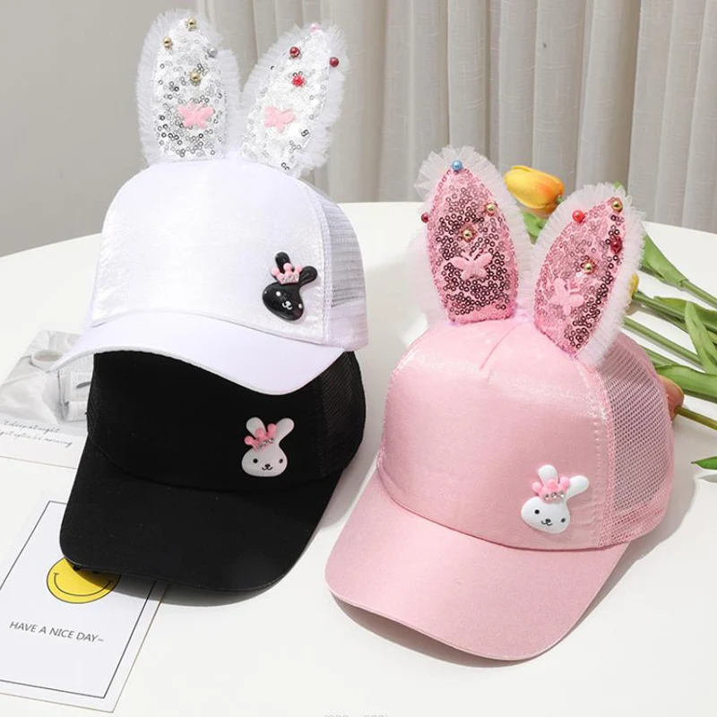 Doitbest Korea Children Hip Hop Baseball Cap Summer Sequined rabbit ears Sun Hat Cartoon Boys Girls snapback Caps