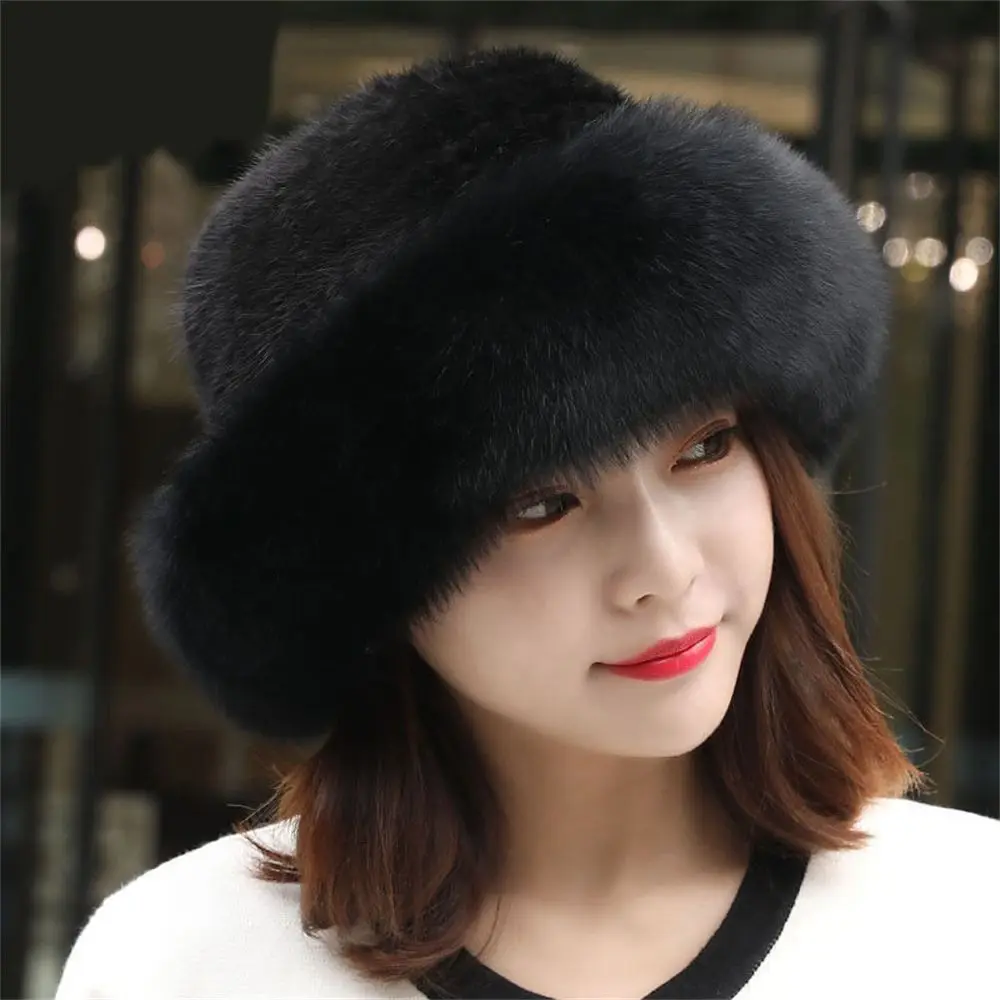 Fashion Women\'s Furry Winter Faux Fur Hat Berets Warm Cap Faux Fox Fur Brim