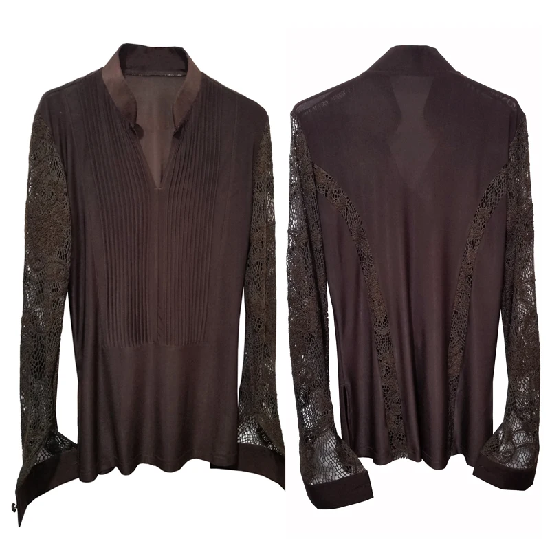 Latin Dance Tops Male Adult Latin Competition Clothes Lace Sleeves V Neck Standard Dance Costume Cha Cha Salsa Shirts DNV15143