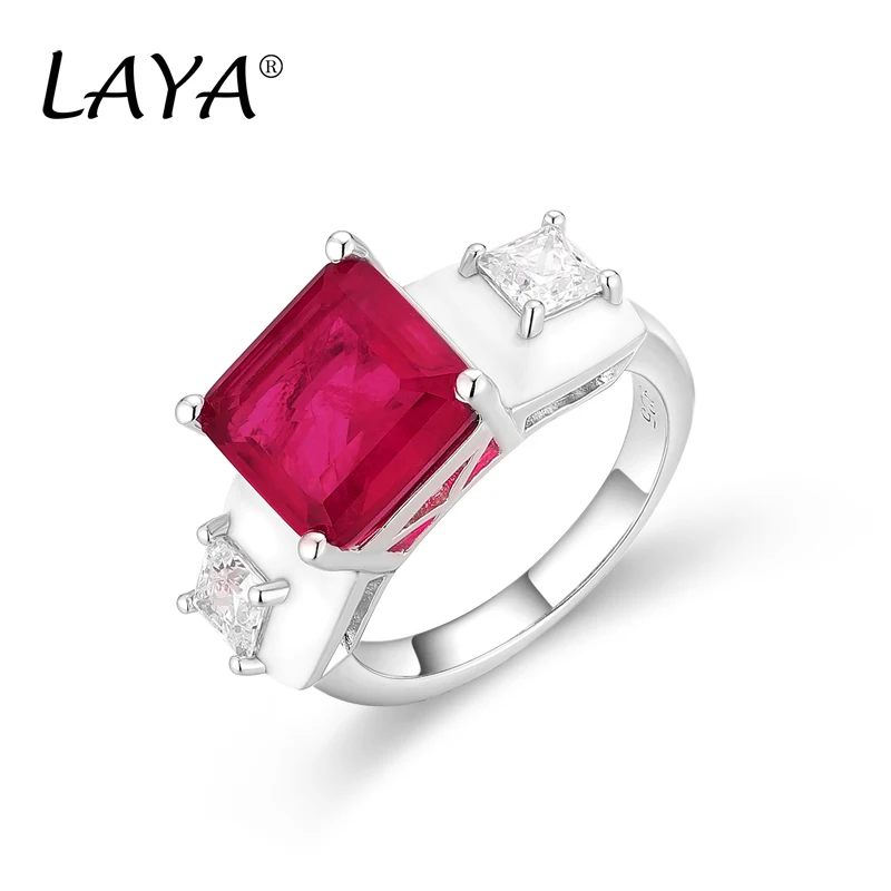 

LAYA 925 Sterling Silver Fashion High Quality Zircon Natural Red Fashion Stone Square Finger Ring For Women's Party Punk Jewelry