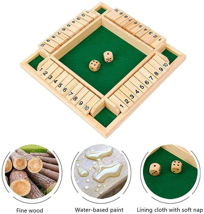 Fashion Shut The Box Dice Board Game Traditional Four Sided Wooden 10 Numbers Dice Game Set Party Family Games for Adults Kids