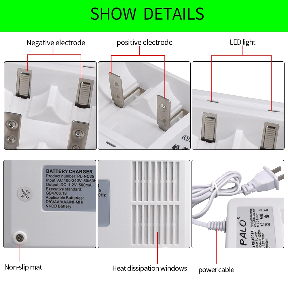 PALO Newest Smart Indicator Light Display Battery  Charger For Ni-Cd Ni-Mh AA/AAA/C/D Size Rechargeable Battery Use