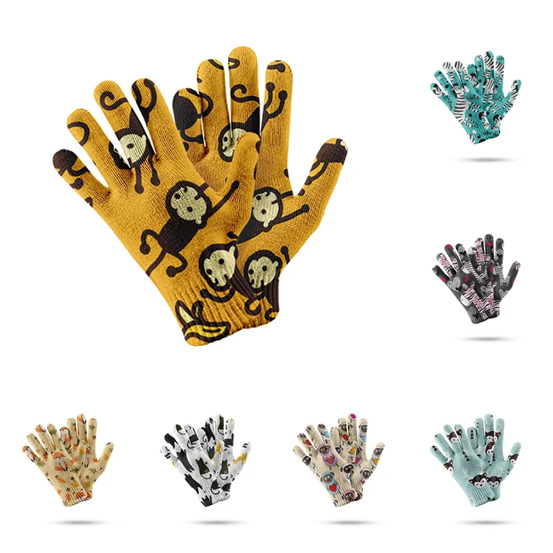 Guantes de jardín con estampado 3D de dibujos animados para hombre y mujer, manoplas de punto elástico, antideslizantes, a prueba de viento, para