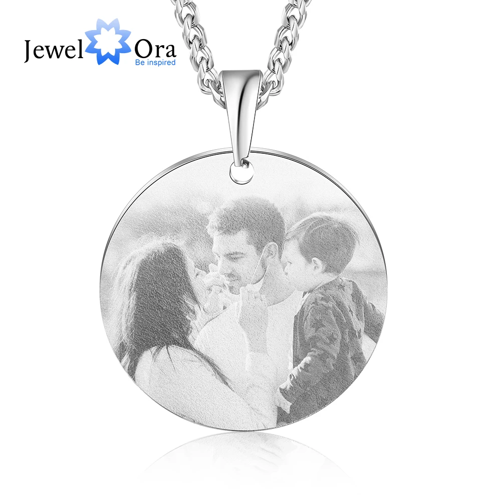 JewelOra Customized Photo Round Pendant Necklace Stainless Steel Engraving Name Necklaces Personalized Gifts for Men Family