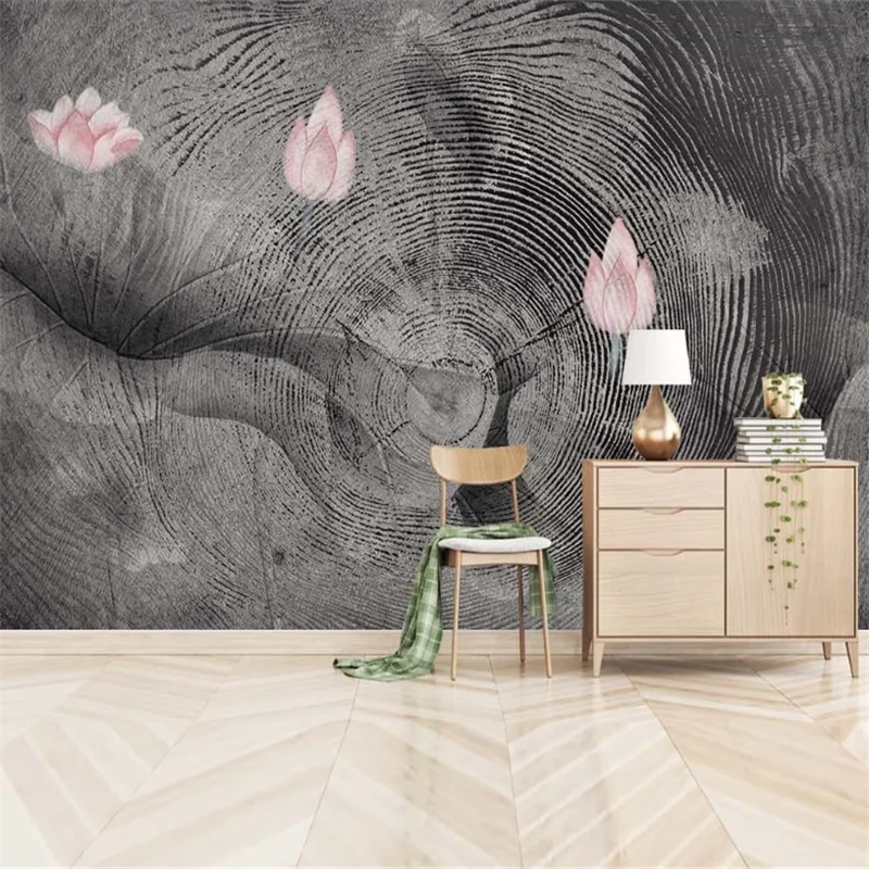 

wellyu Custom wallpaper modern Nordic annual ring lotus ink simple modern living room background wall wallpaper