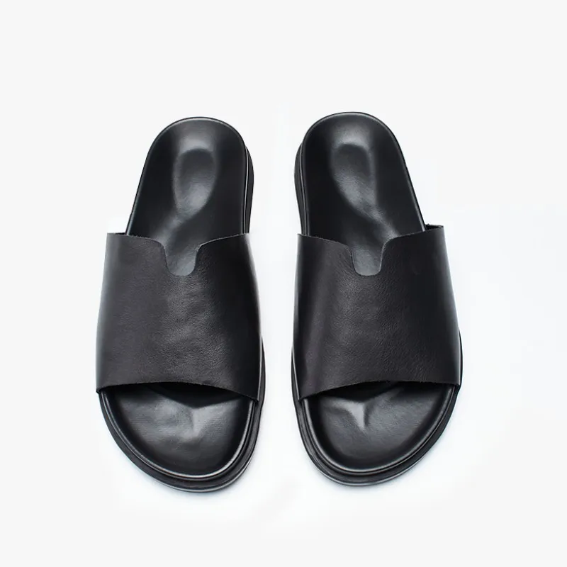 Summer Casual Mens Slides Shoes Genuine Leather Slippers Slip On Open Toe Black Bathroom Antiskid Flats Outside Beach Slippers