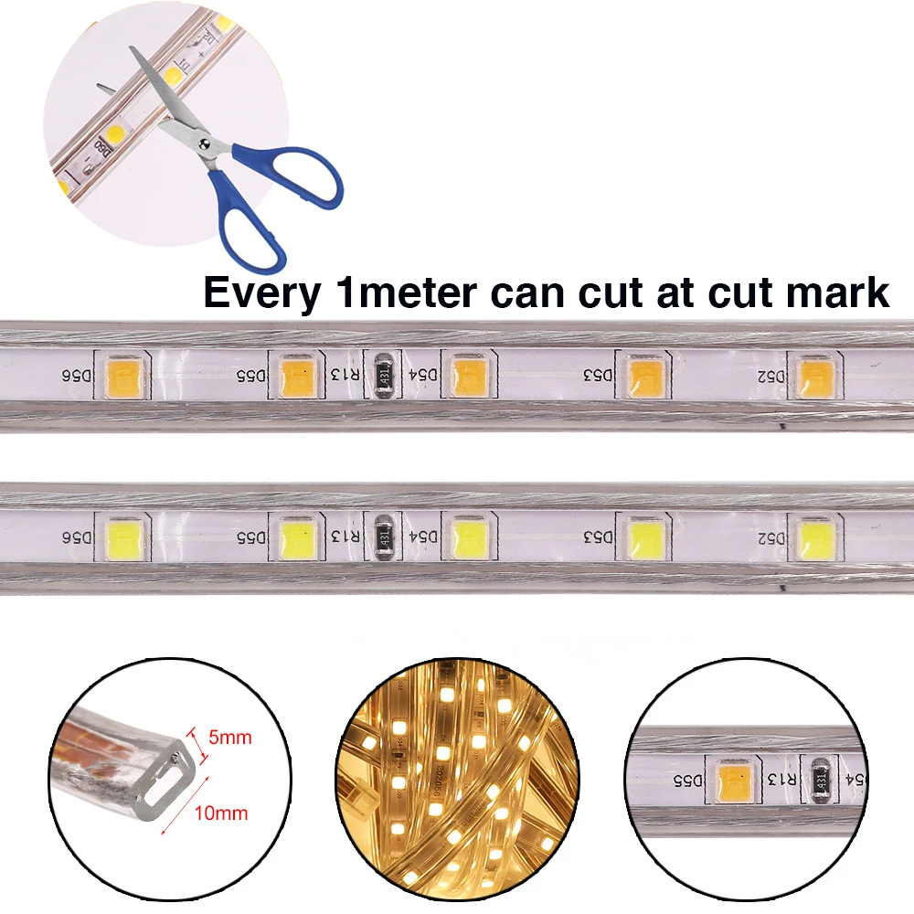 AC 220V LED Strip 60LEDs/m 5050 IP67 Waterproof Outdoor Decoration Red Green Blue Yellow White Flexible Ribbon Tape LED Strip