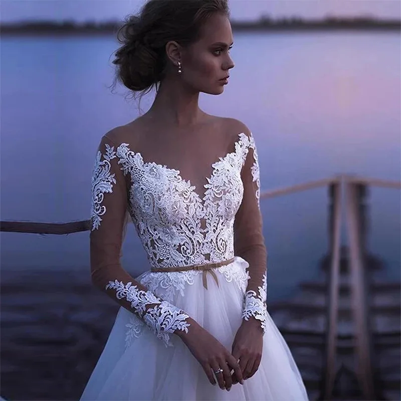 Vestido de Noiva Manga Longa Russian Gothic Long Sleeve Lace Wedding Dresses Applique Nude Belt Tulle Buttons 2021 Bridal Gowns