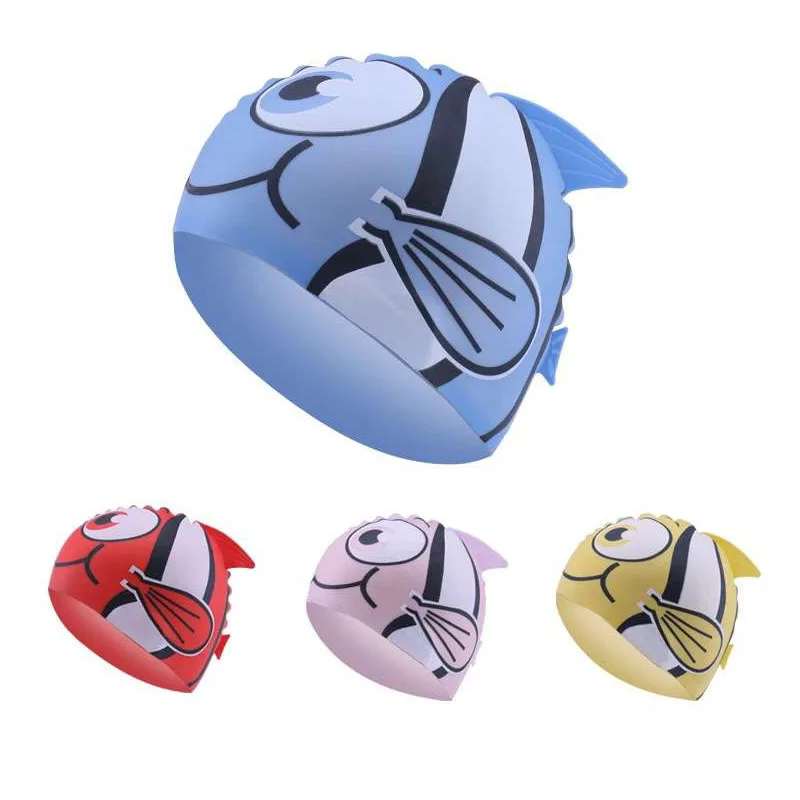 Swimming Cap Children Waterproof Cartoon Fish Print Kids Swim Pool Silicone Ear Protector Cute Swimming hat for Boy Girl