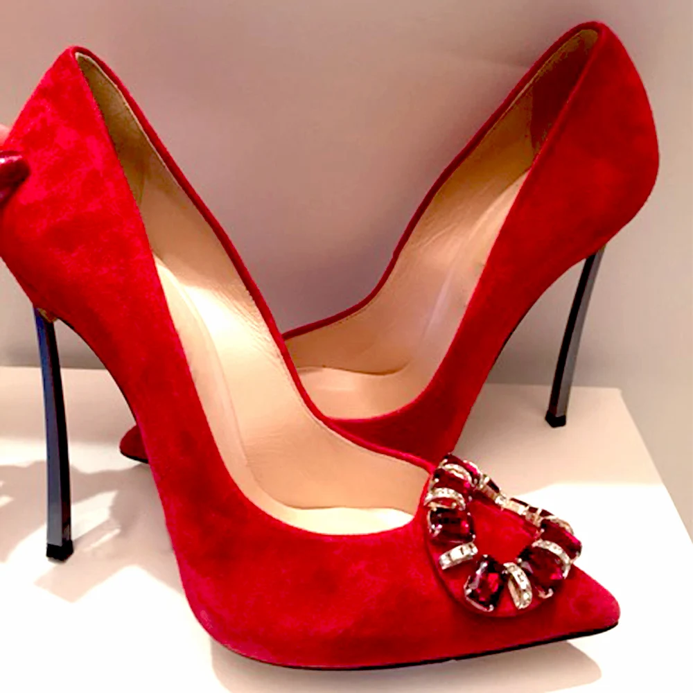 

Bling Rhinestones Jewelled Pumps Blade Heels Ladies Low Cut Single Stilettos Woman Suede Crystal Square Buckle Party High Heels