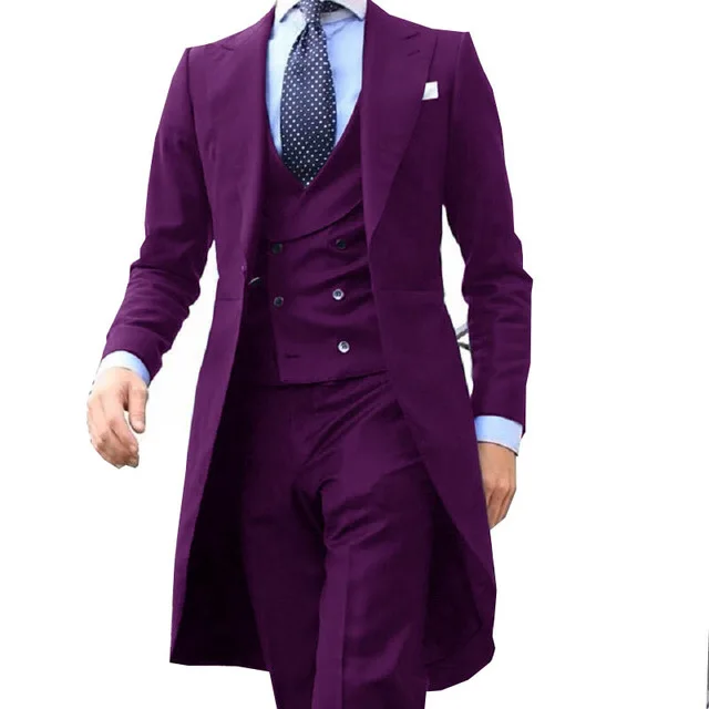 

JELTONEWIN Latest Design Purple Men Suit Long 3 Pieces Groom Wedding Suit For Men (Jacket+Vest+Pants) Costume Mariage Homme