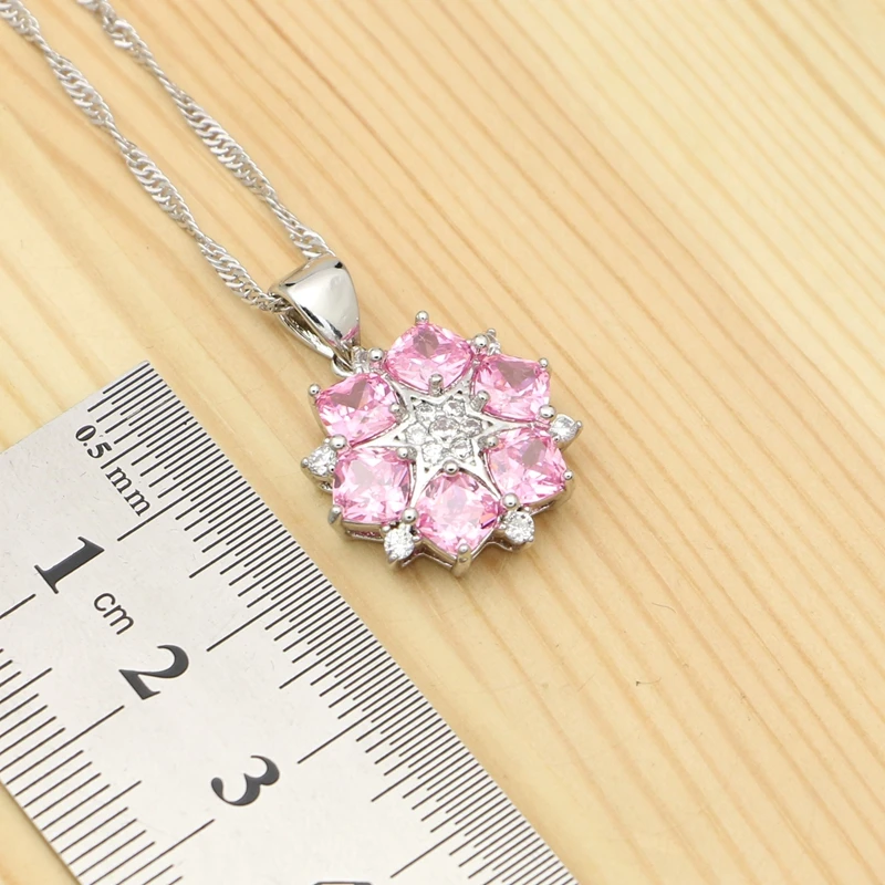 Silver 925 Bridal Jewelry Sets For Women Pink Cubic Zirconia Flower Shape Pendant Necklace Ring Earrings Set