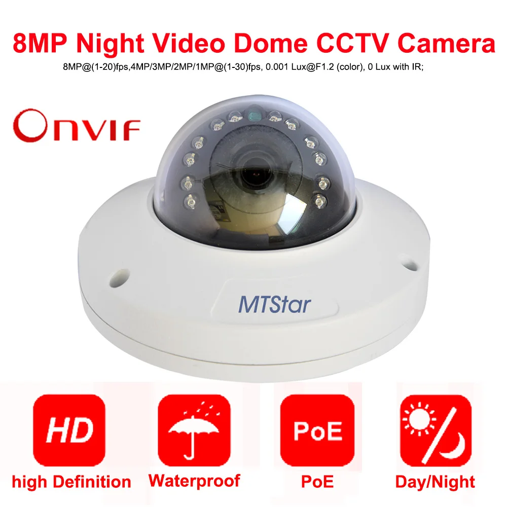 MTStar 4K(8MP) IP Dome Camera IR Night Vion Support P2P Onvif PoE Security Camera