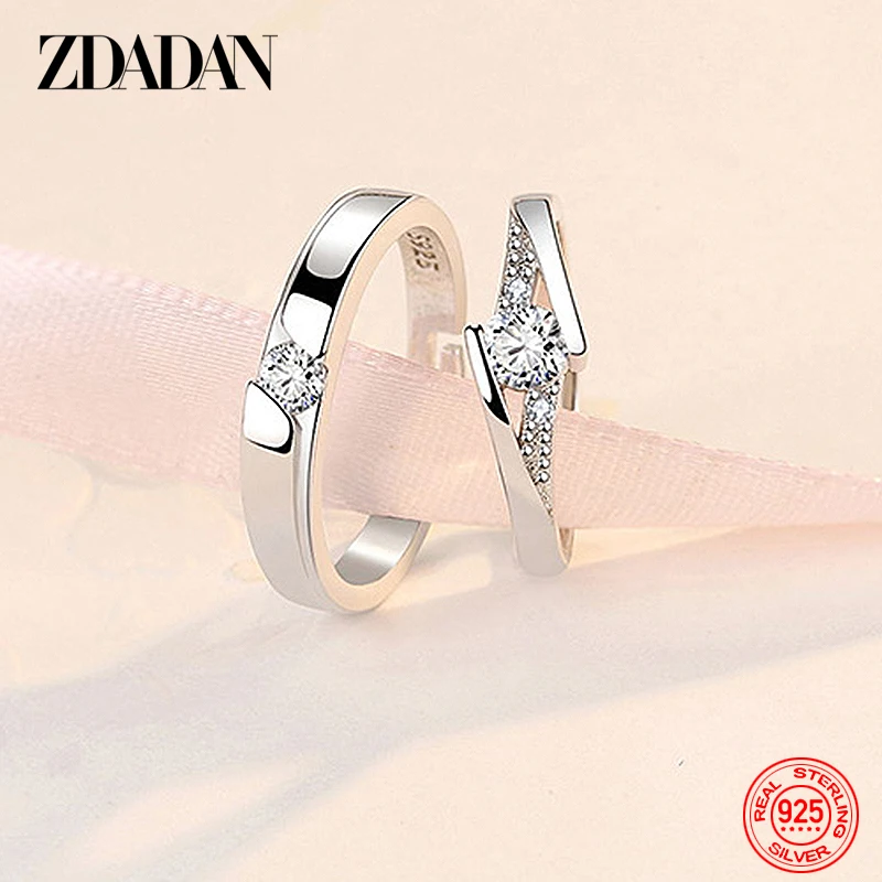 ZDADAN 925 Sterling Silver Opening CZ Adjustable Ring Women Fashion Wedding Engagement Couple Rings