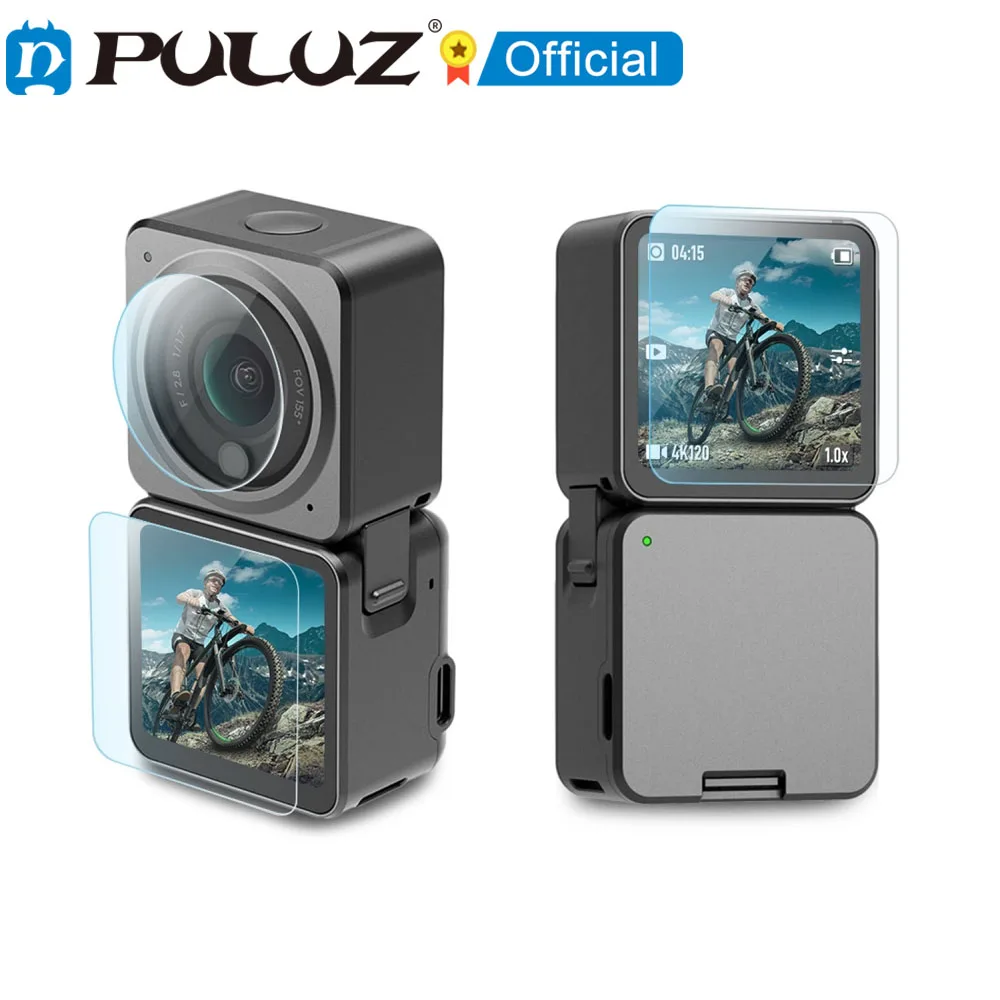 PULUZ 3 in 1 Lens + Front and Back LCD Display 9H 2.5D Tempered Glass Film for DJI Action 2 Screen Protector