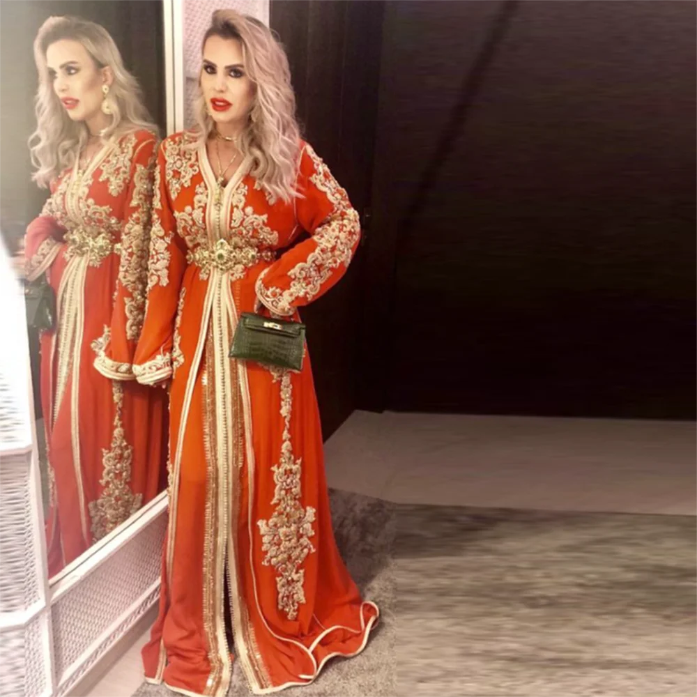 Laxsesu Orange Red Moroccan Caftan Evening Dresses Dubai Long Sleeves Party Prom Dress 2022 Sweep Train V-Neck Prom Gowns