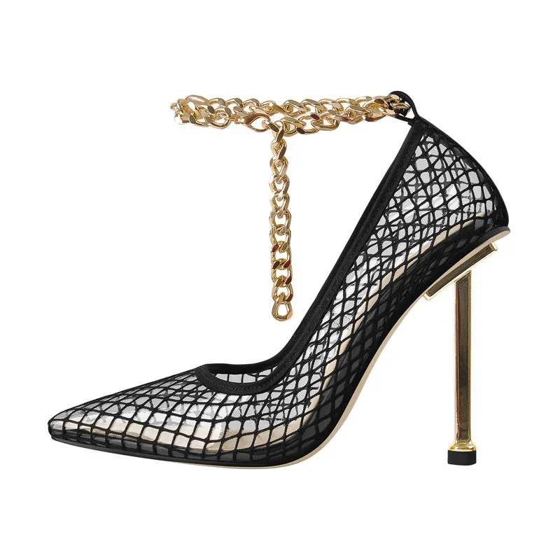 Onlymaker Women  Pointed Toe Black Fishnet Ankle Thin Metal Chain Pumps Fashion Party Dress Heels