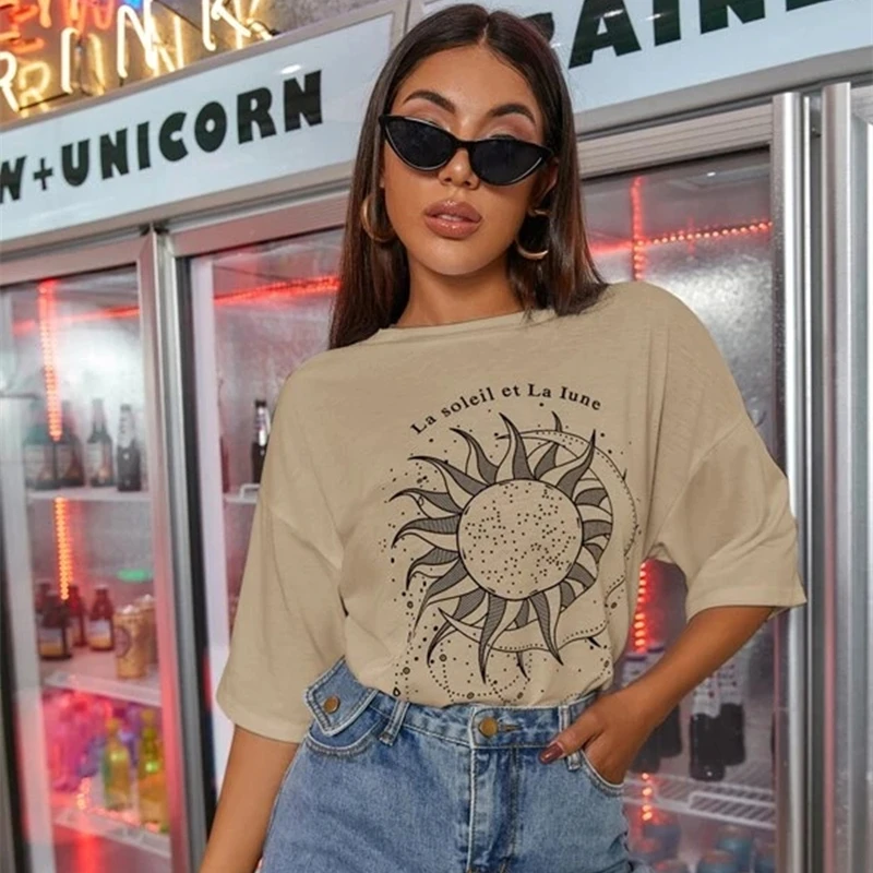 Women Short Sleeve Sun Moon Funny Printed T Shirt Cotton O-Neck Fashion Street Style Tops for Female