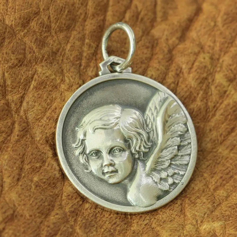 LINSION 925 Sterling Silver Cute Angel Pendant Charms 2 Sides Round Pendant TA165 JP BZ