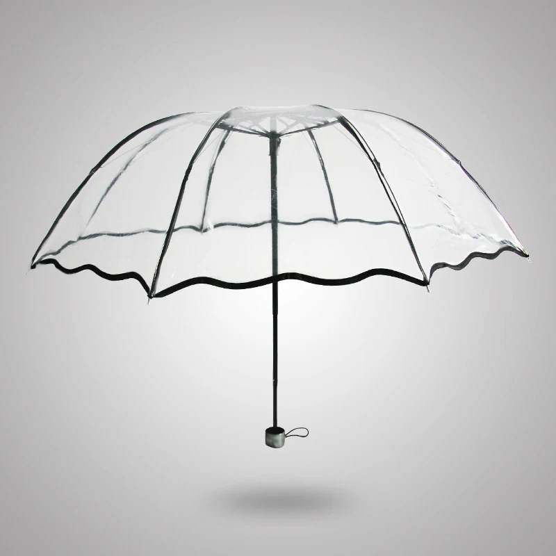 Transparent Folding Non-automatic Umbrella Men Ripple Edge Windproof Rain Umbrella Women Plastic Clear Ladies Outdoor Parasol