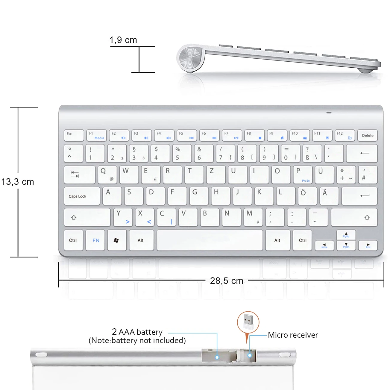 German QWERTZ Wireless Keyboard 2.4G Ultra Slim Deutsche Multimedia Keyboard Low Noise for Laptop Desktop Windows Smart TV