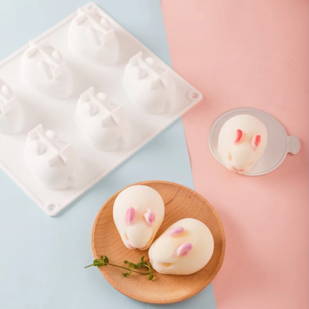 6 Hole Silicone Mold 3D Rabbit Shape Cake Mousse Dessert Baking Molds White