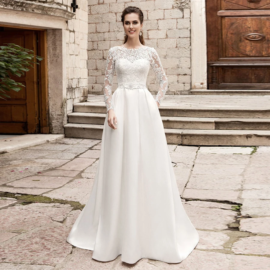 Elegant Wedding Dresses with Pockets Long Sleeves O-neck Lace Satin  Gowns Sweep Train Bride Dress Vestido De Novia