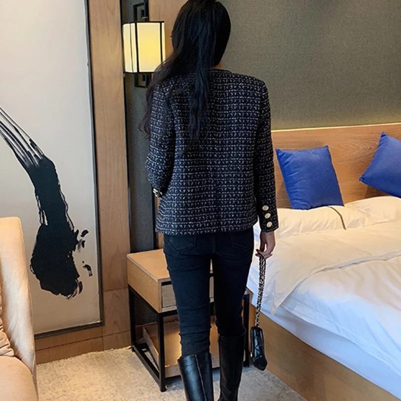 Style Korean Elegant Womens Short Slim Tweed Jacket O-Neck Single Breasted Pockets Spliced Weave Office Lady Vintage Coat