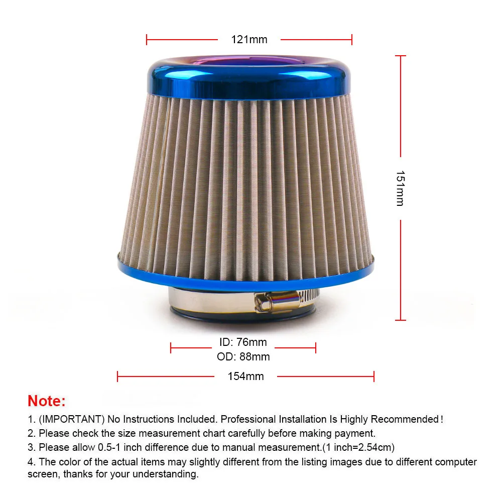 Universal Air Filter Stainless Steel Burnt Blue 3'' / 76mm Power Intake High Flow Cold Air Intake Filter Cleaner BX102086