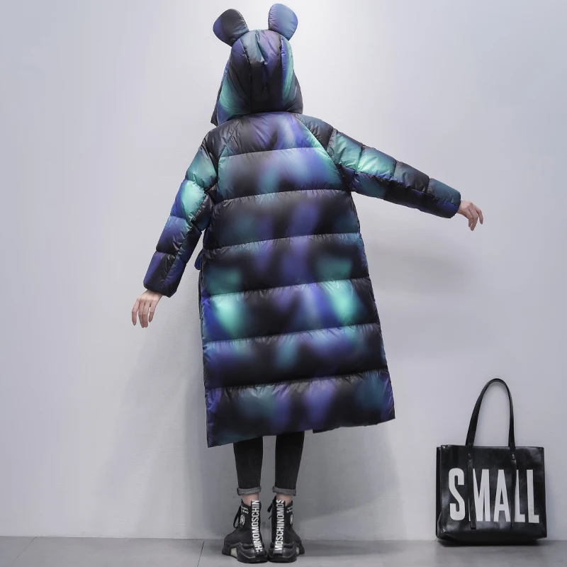 Gradient Color Women Hooded Long Down Coat 2024 Winter New Korea Loose White duck down Thick Snow Jacket Warm Outerwear Parkas