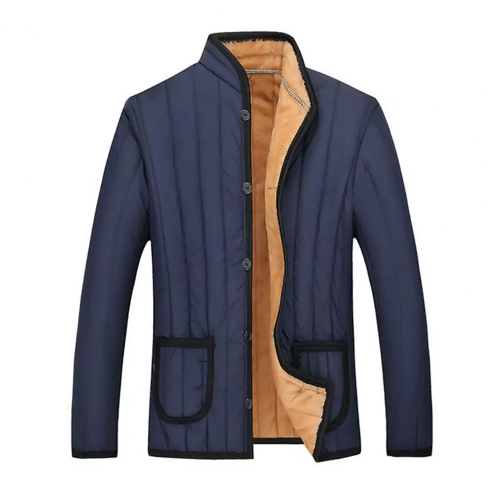 Men Coat Solid Color Single-breasted Stand Collar Plush Winter Jacket for Daily Wear